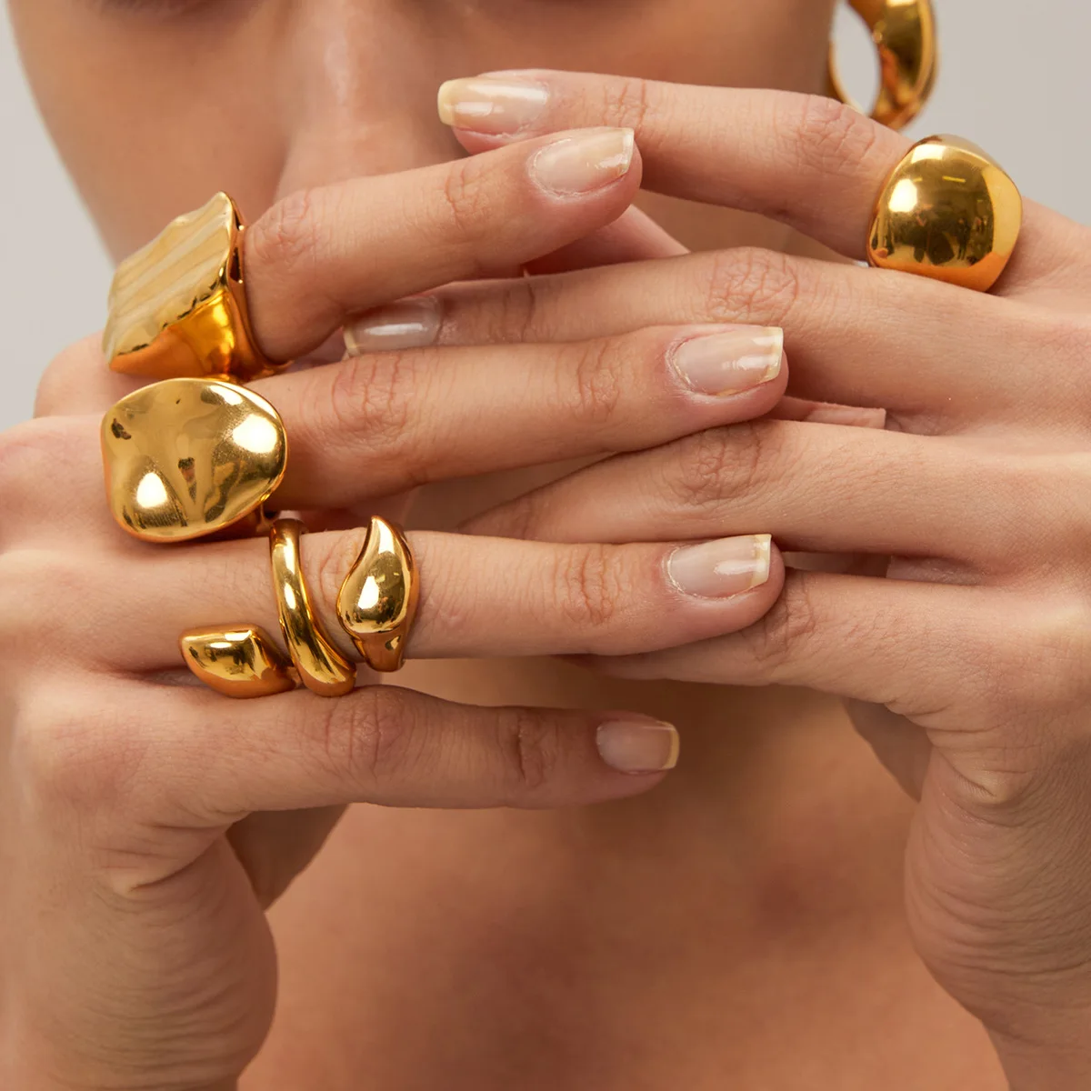 Minimalist Stainless Steel Rings Gold Plated Unisex Chunky Water Drop Textured Set Irregular Jewelry Design