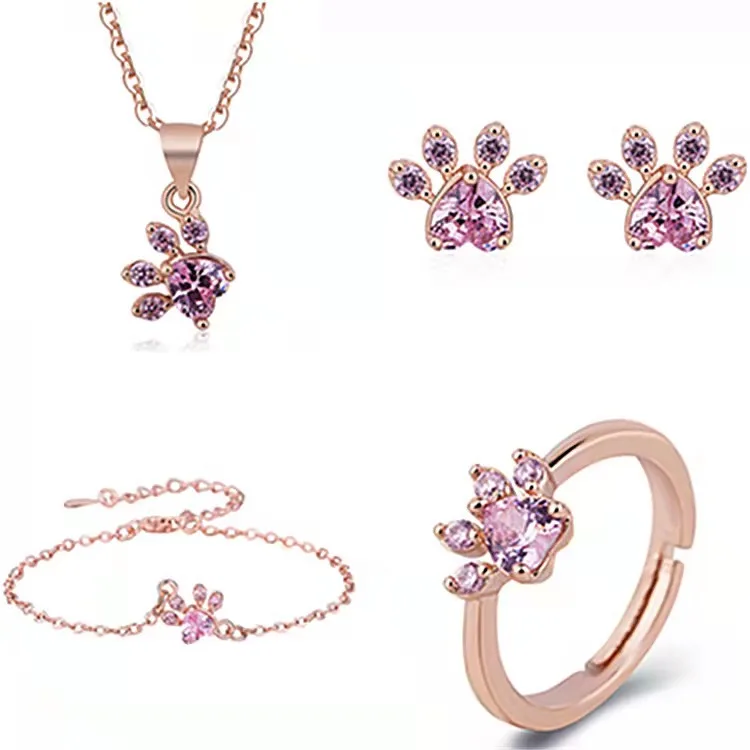 Dog Cat Paw Memorial CZ Pendant Necklace Animal Footprint Heart Love Necklace Earrings Bracelet Ring Jewelry Set for Women Girls