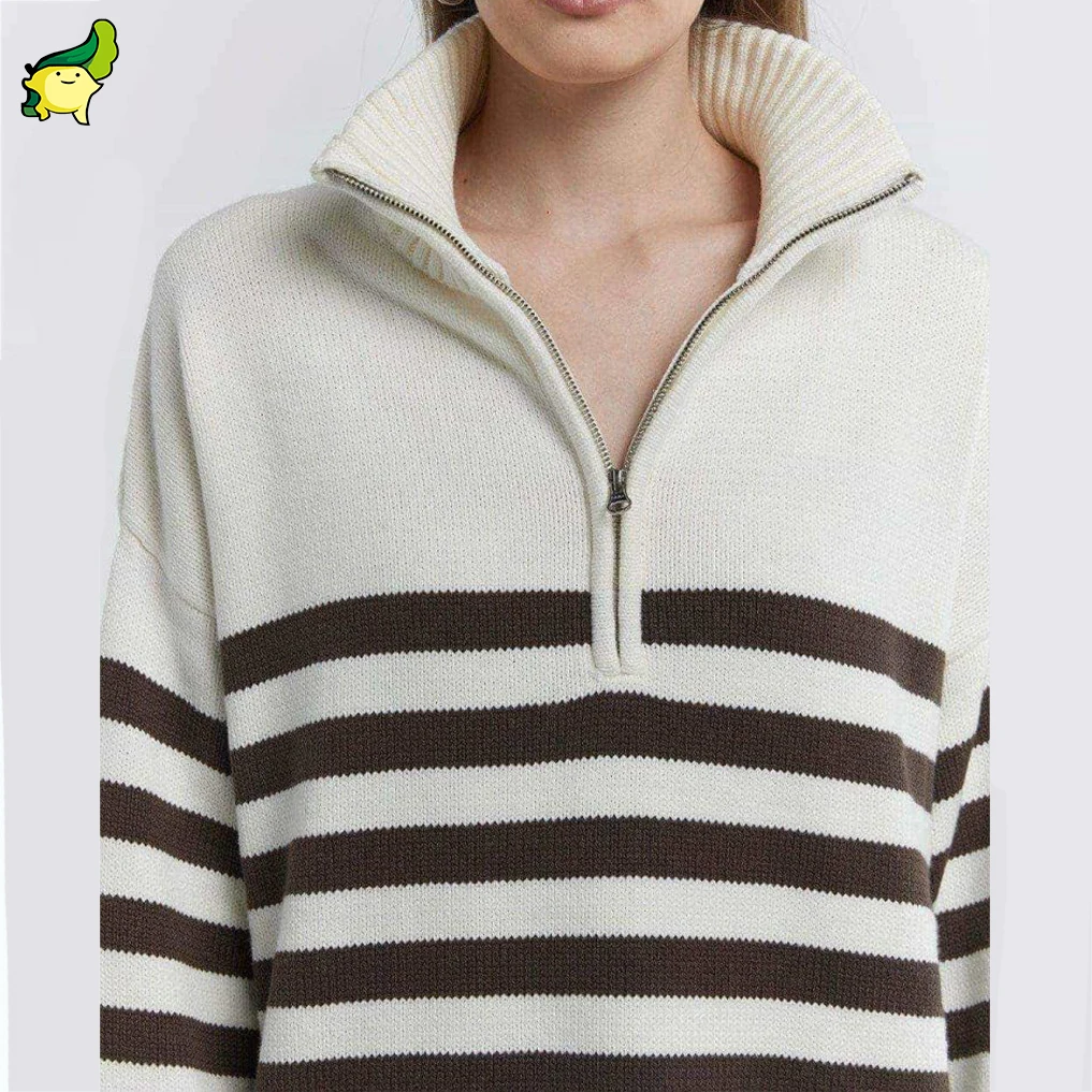 Custom Women 100% cotton high neck half zipped striped sweater knitwear for women