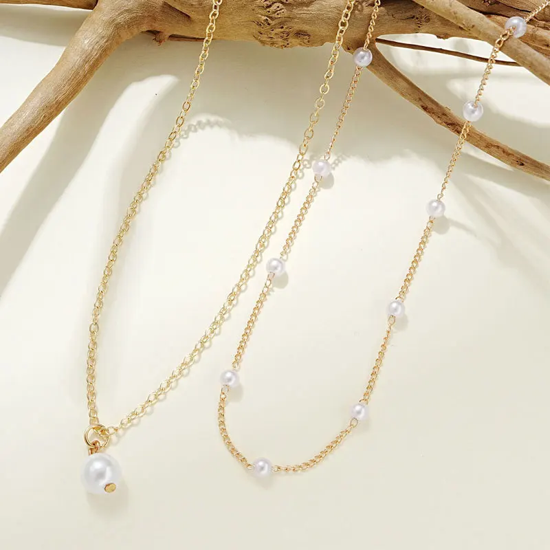2024 Boho Double Layer Pearl Necklace 2pcs/set Multilayer Necklace Bead Chain Necklace for Women Girls