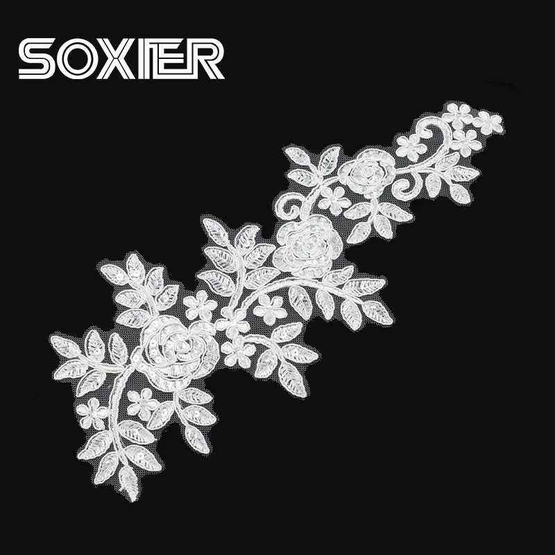 High quality Luxurious Beaded Applique with Sequins 3D Flower Lace Embroidered Fabric