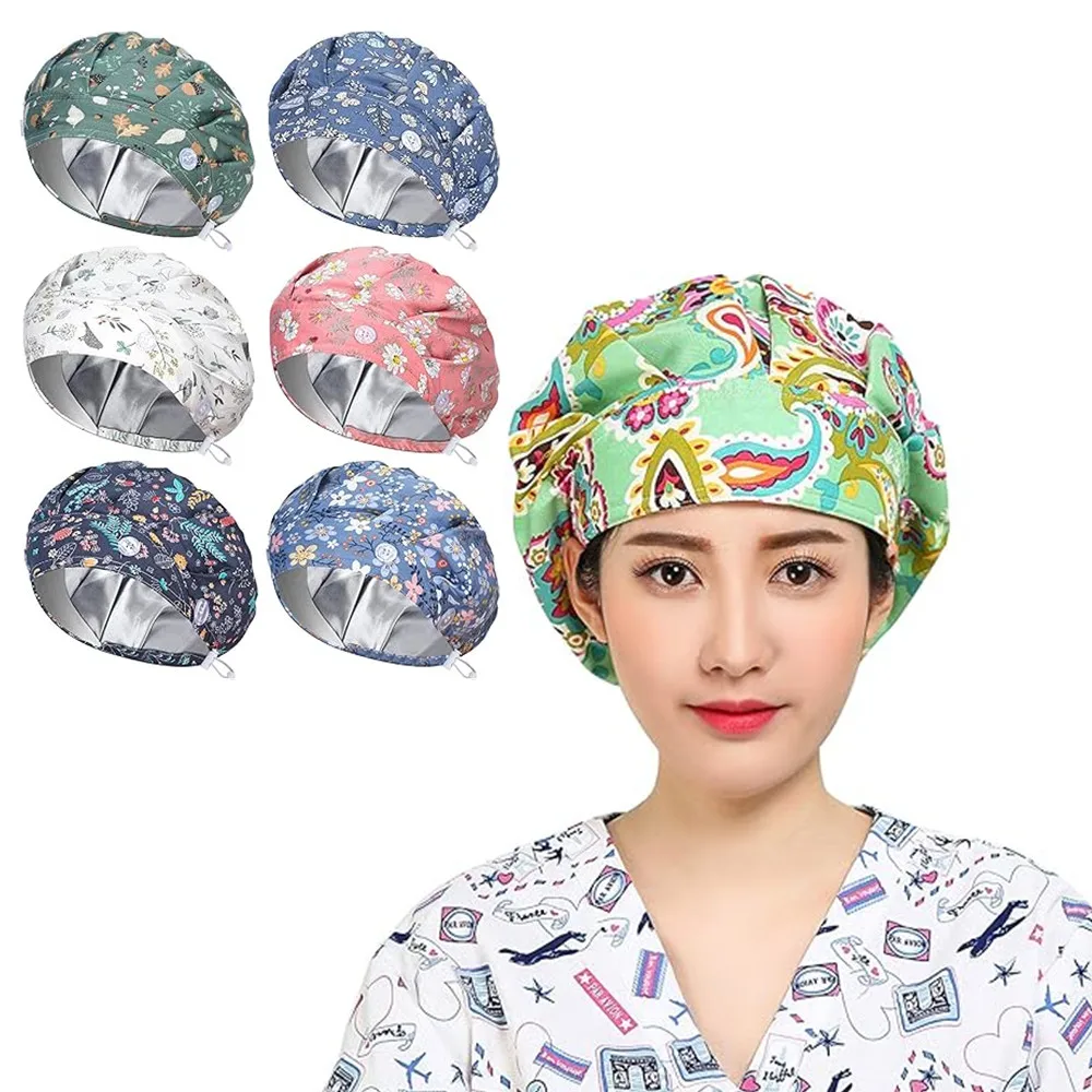 Satin Lined Layer Bouffant Caps Cotton Catering Working Hat Adjustable Scrub Caps with Button and Sweatband