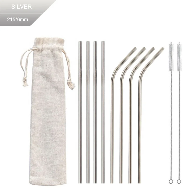Лидер продаж, набор из 8 металлических соломинок из нержавеющей стали 215*6 мм, многоразовая Солома для стаканов диаметром 20 унций 6 мм