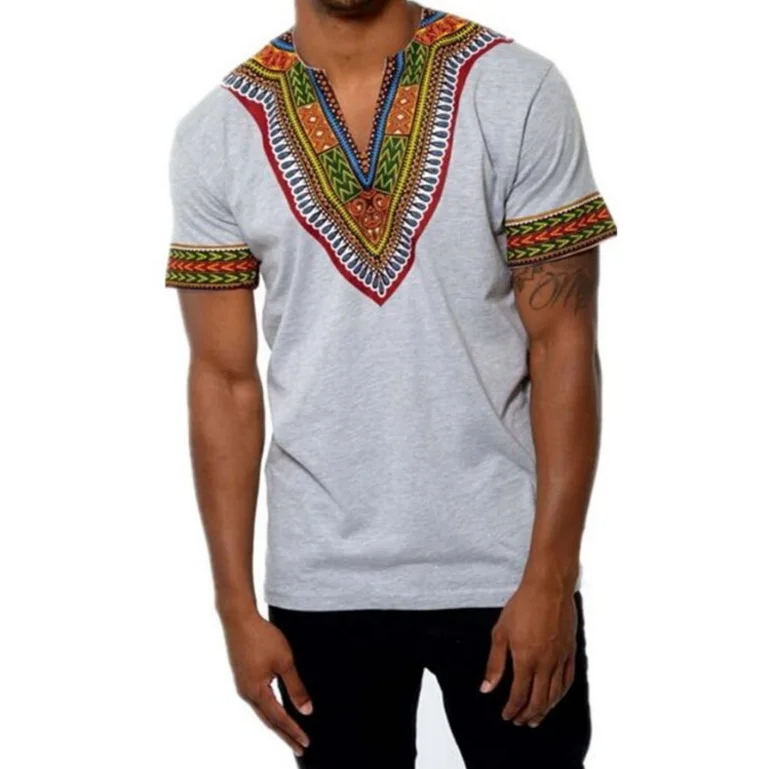  Fasion Wear Casual Short Sleeves V-neck T-shirt Ethnic Style African Wax Print Fabric Mens Top Designers Clothing Low