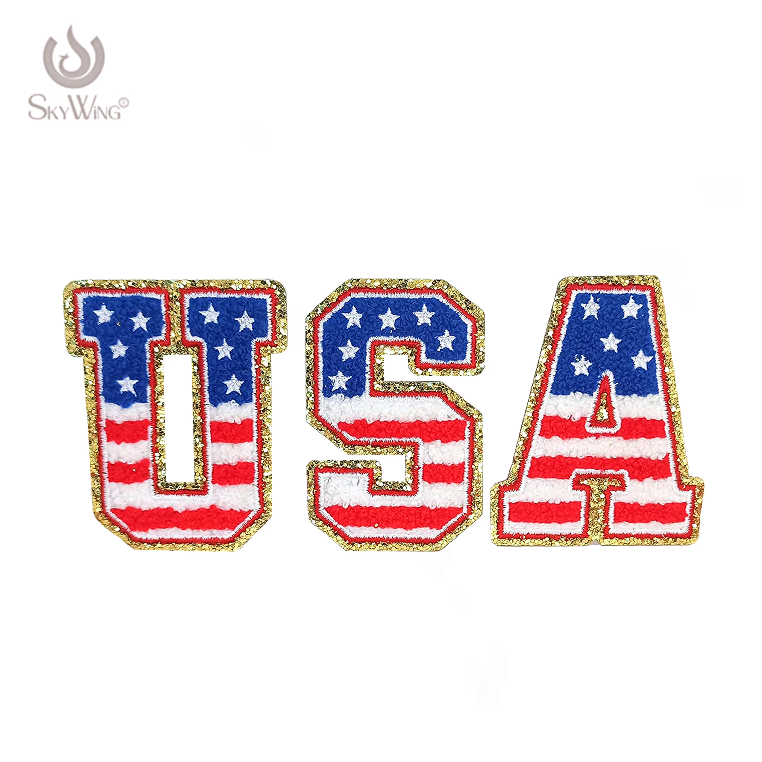 Custom American Flag Embroidery Patch Creative Letters Embroidery Iron On Chenille Sequin Patches For Clothing