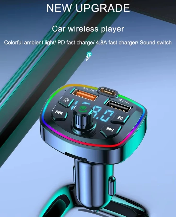 BT 5.0 Charger FM Transmitter MP3 Music Player PD 18W Type-C Dual USB Car Cigarette Lighter