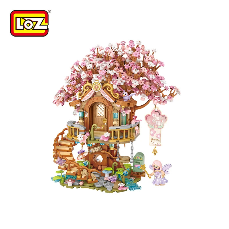 Loz Mini Particle 1381 Romantic Pink Cherry Blossom Tree House DIY 3D Decoration Gift Assembly Building Blocks