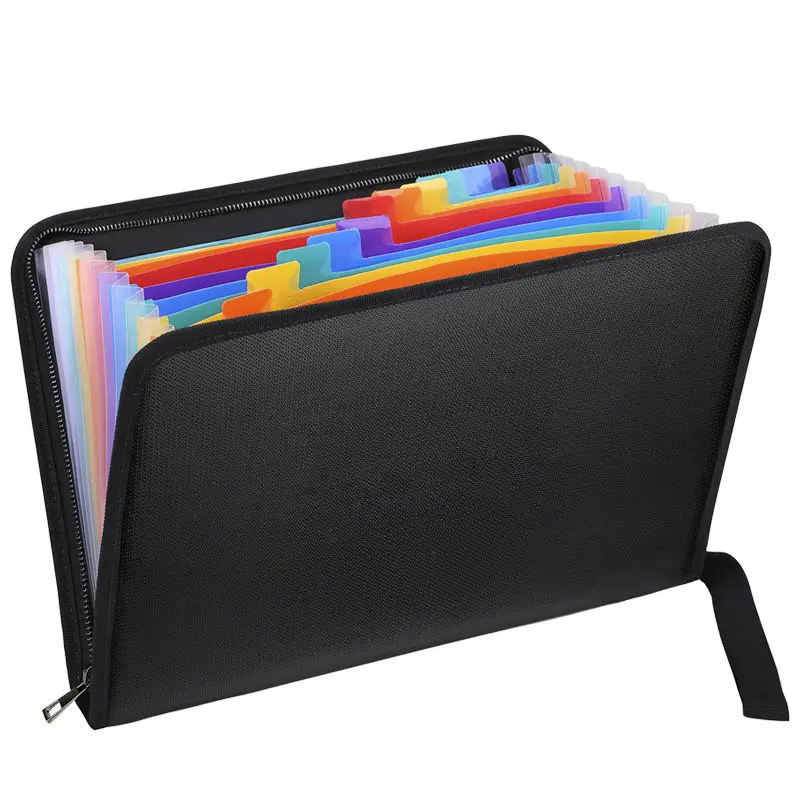 Black Expandable A4 Size File Folder 12-Pocket Waterproof and Fireproof Document Bag for Paper Storage