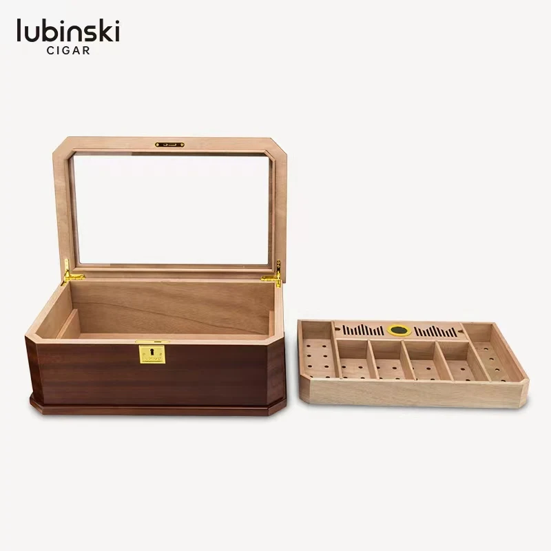 Lubinski Sapele Wood Perspective Window Double Layer Large Capacity Cigarette Box 80 Cigars Humidor