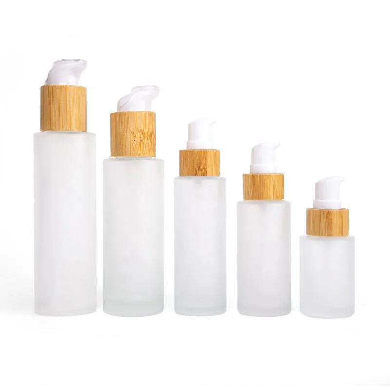 Orgontic New Developed Frosted Wooden Bamboo Cap Round Transparent 10ml 30ml 50ml Glass Bottle With Lotion Pump