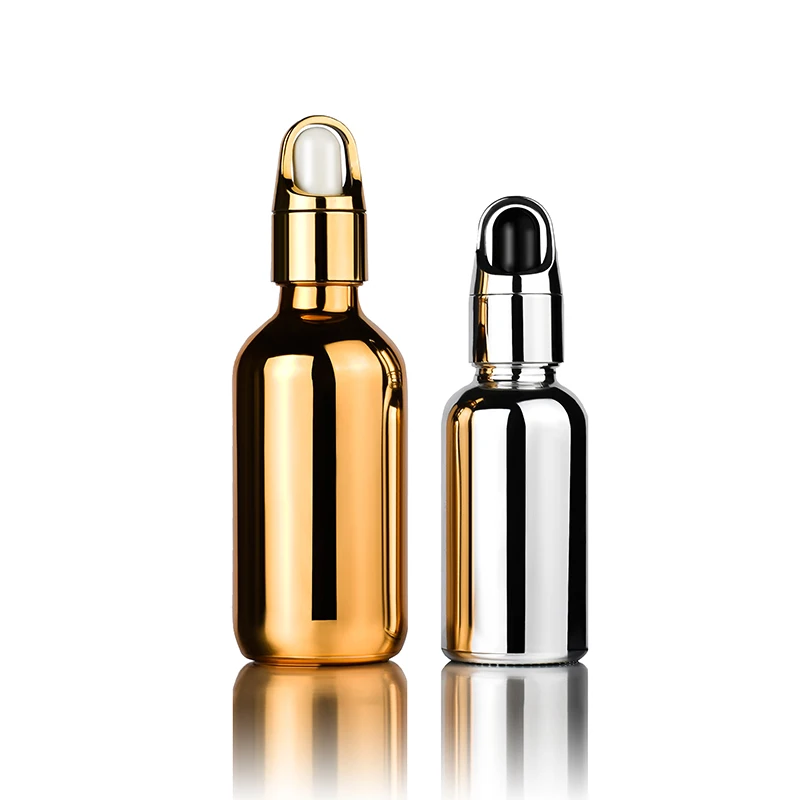Hot Sale 15ml 30ml 50ml 60ml Empty Electroplating Gold Silver Glass Essential Oil Bottle with Sliver Dropper