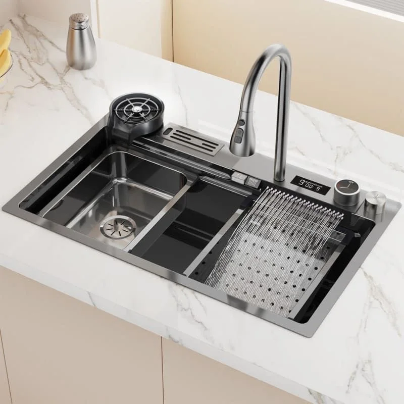 Complete Whole Set Waterfall Kitchen Sink Big Single Bowl with Dish Rack Under Mount Sinks Stainless Steel Modern Polished