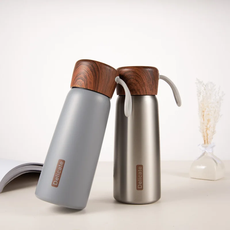 New Arrival 400ml 500ml Insulated Thermos Water Cup Stainless Steel Double Wall Vacuum Flask with Wood Pattern
