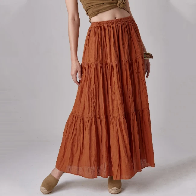 Custom Bohemian Women Summer Casual Elegant Plain Elastic Waist Boho Tiered Long Maxi Skirt