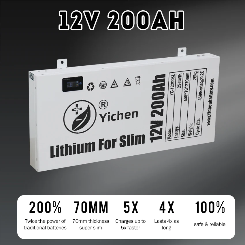 ODM 12V 200Ah Ultra Slim Rechargeable Lithium Battery Dual Purpose 12v Slimline LiFePO4 Batteries 200 Ah with BMS