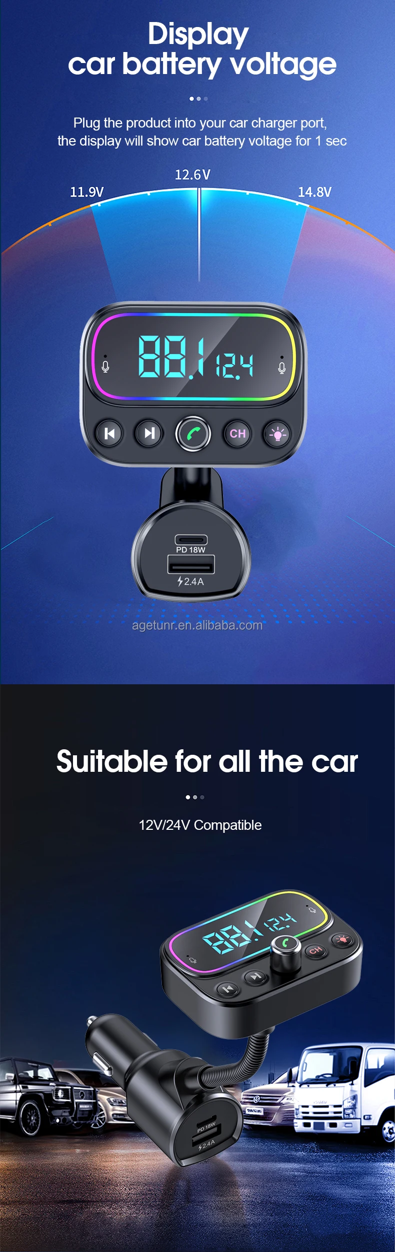 AGETUNR T67 BT V5.0 USB Type-c Handsfree Qc3.0 Fast Car Charger MP3 Player AUX Out Dual Mic Fm Transmitter Modulator for Car