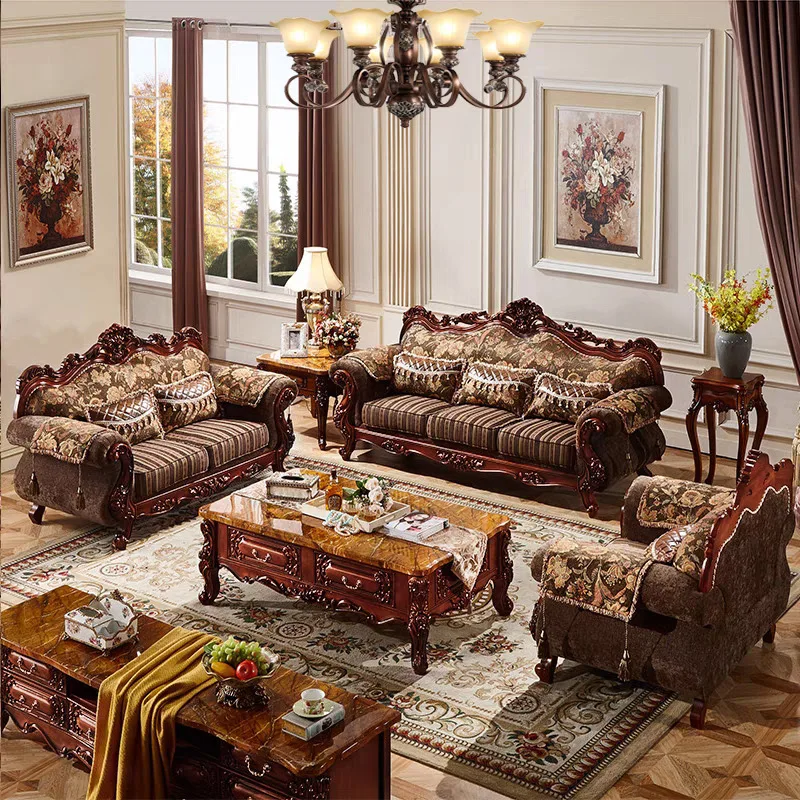 Luxurious European Fabric Sofa Villa Living Room Furniture Solid Wood Carving American Sofa Couch Combination Furniture