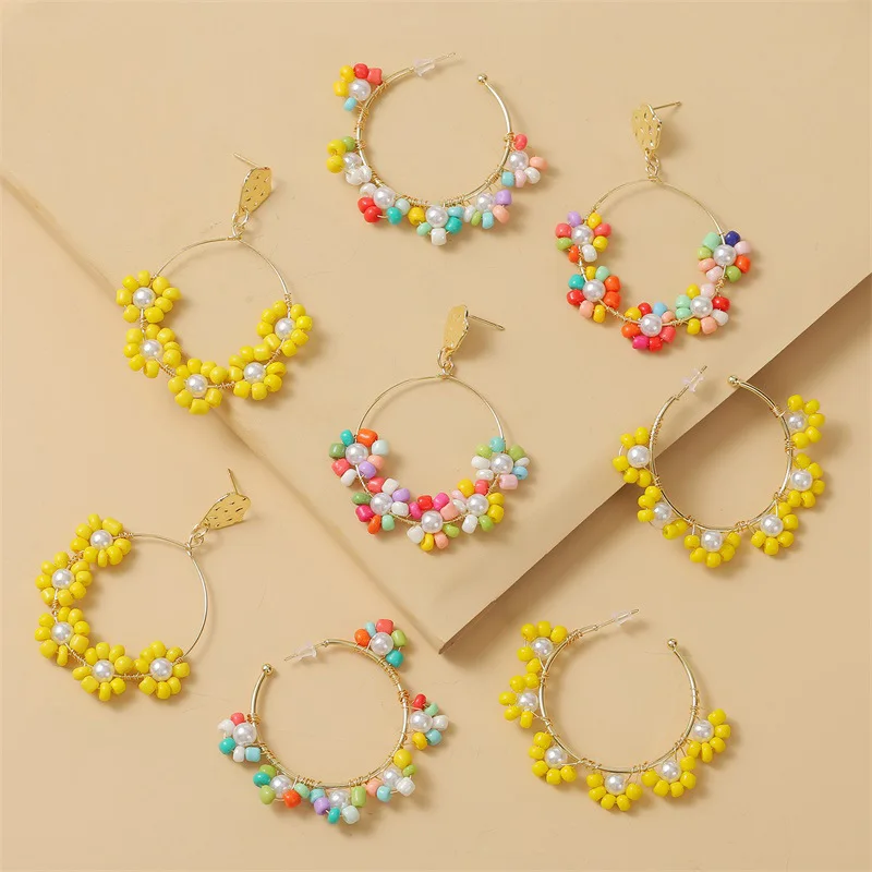 HOVANCI 2020 New Arrival Boho Hand Made Braided Beads Flower Circle Earrings Golden Geometric Beaded Flower Earrings