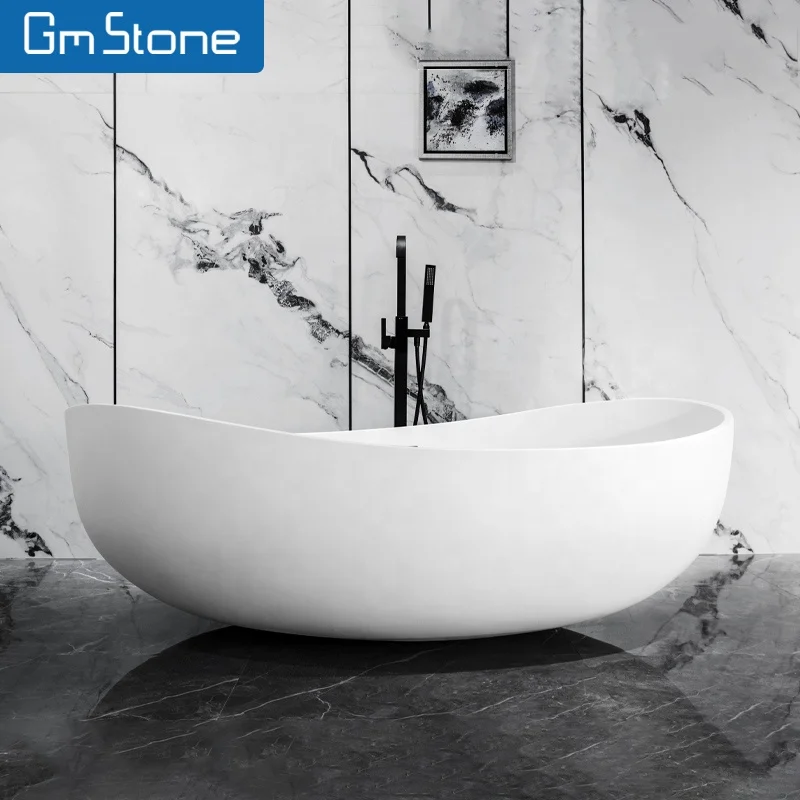 Luxury White Matte Artificial Stone Solid Surface Freestanding Soaking Bathtub for Fat People 1800mm Bathroom OEM ODM Modern