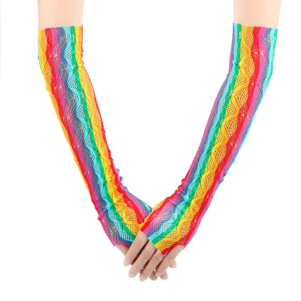 Lady Hollowed Fingerless Gloves Girl Carnival Halloween Party Long Fishnet Rainbow Gloves