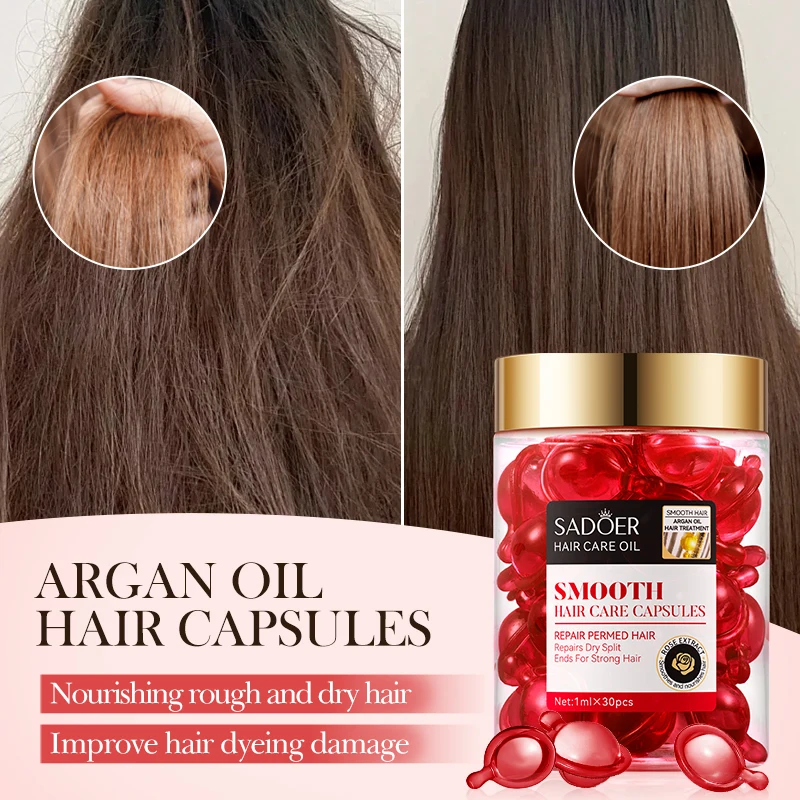 OEM SADOER Private Label Argan Oil Rose Smooth Hair Care Capsules Hydrates Repairing Keratin Smoothing Hair Oil
