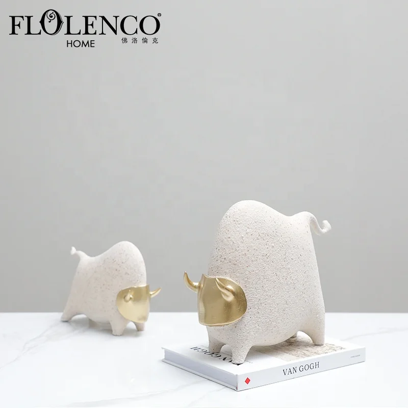 Flolenco Figurine Home Decor Resin Bull Sculpture Interior Desktop Decoration Animal Statue Cattle Ornament