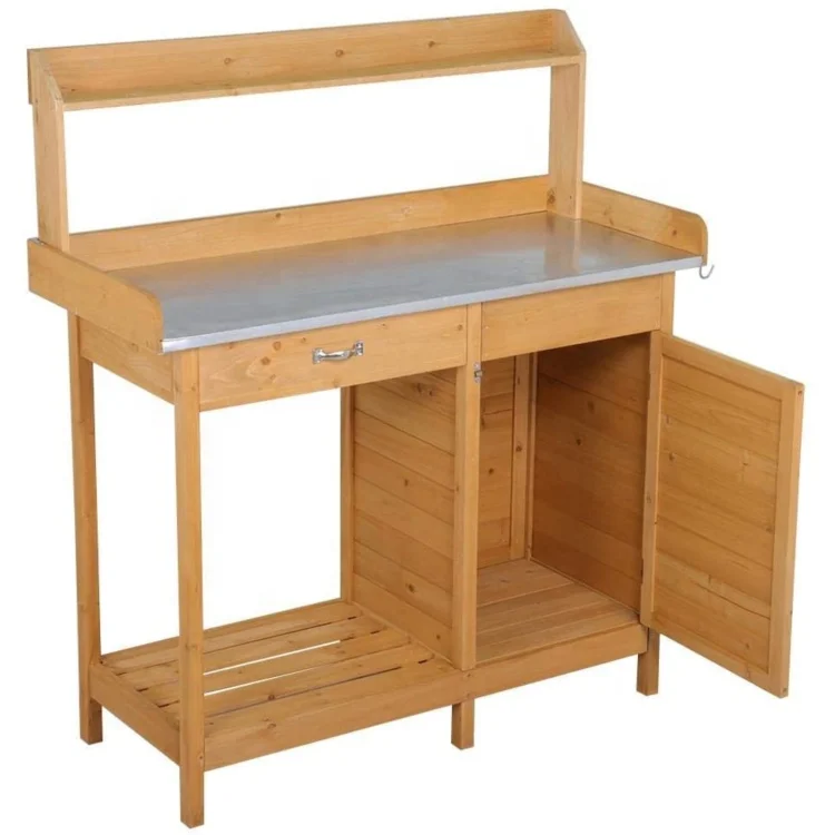 Jaalex Customized Outdoor Wooden Mobile Garden Potting Bench Metal Tabletop For Garden Planting With Sink