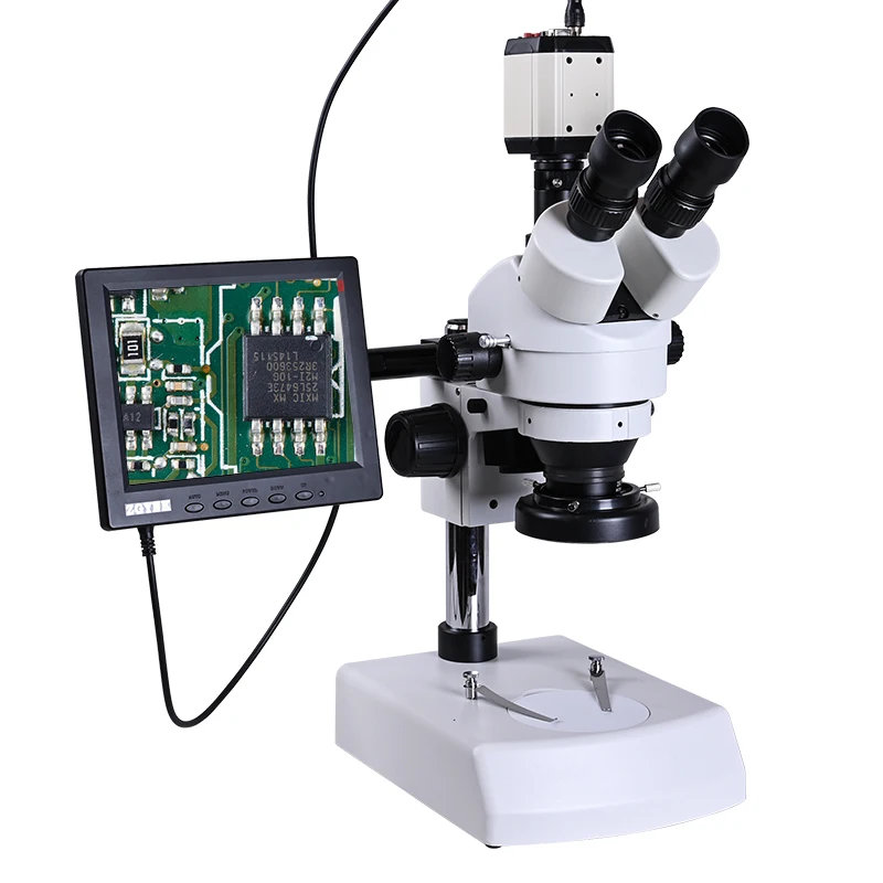 Continuous zoom 7x-45x HD digital Stereo trinocular Microscope + 2MP camera + 8-inch LCD + LED Upper/Lower Light OSL-506