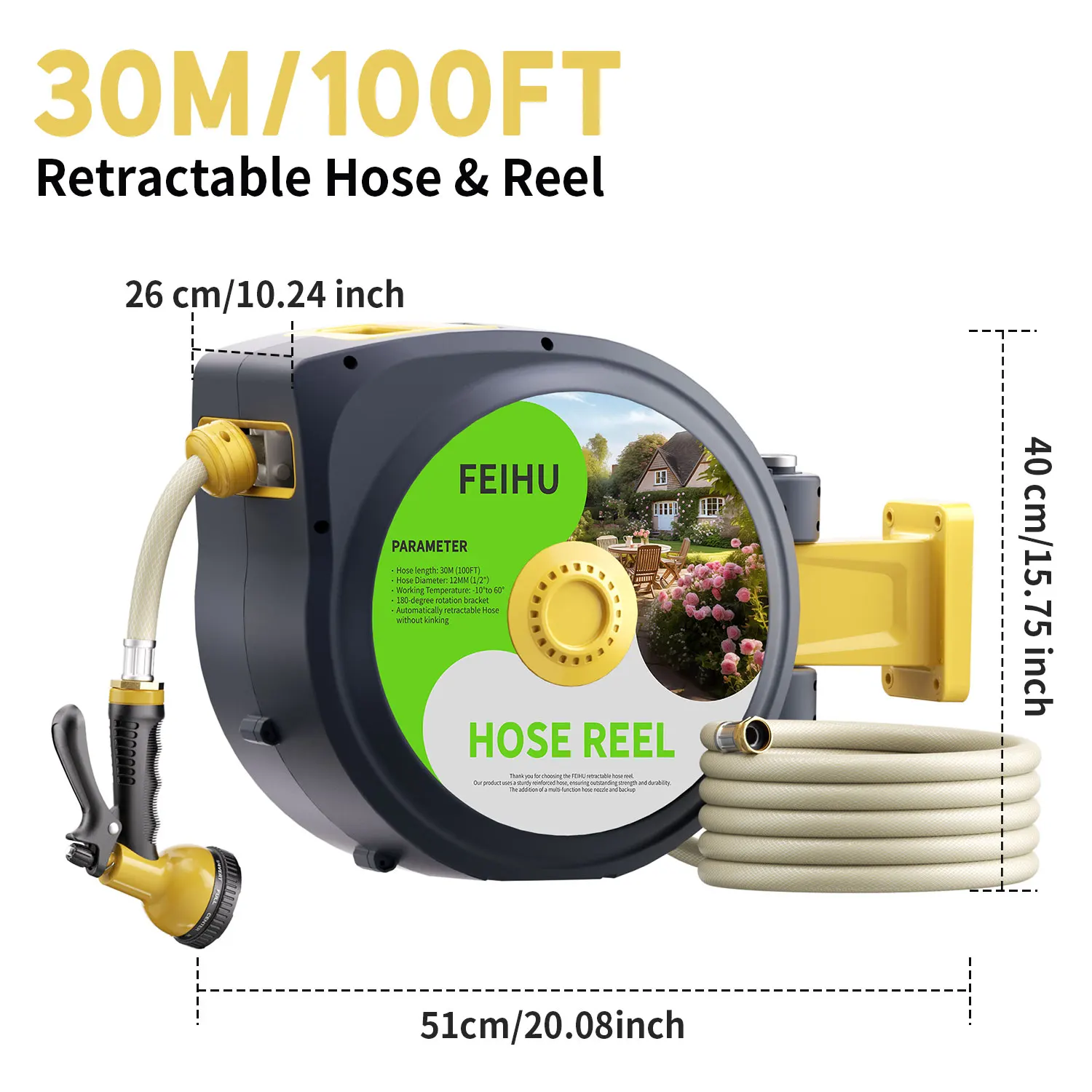 High 50FT Retractable Garden Hose Reel Wall Mounted Metal Water Hose Reel Smooth Automatic Rewind Lock Flexible Expandable