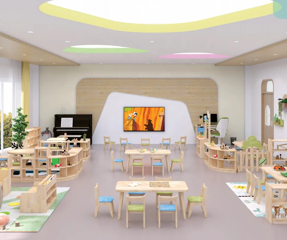 Rubber Wooden Kids Classroom Study Desk Chairs Set Preschool Furniture Facility Equipment for Sale
