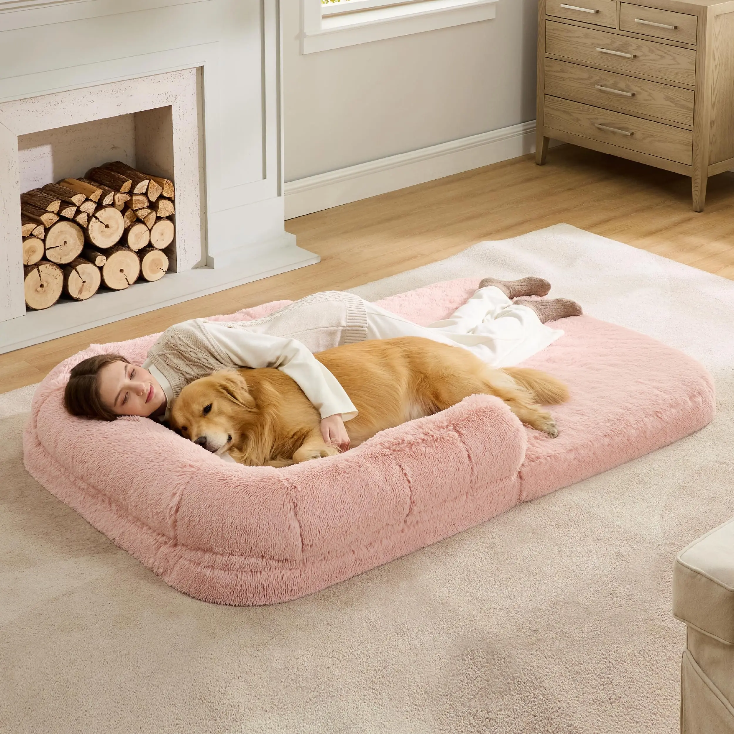 2 in 1 Foldable Waterproof Memory Foam Human Dog Bed Giant Large Faux Fur Orthopedic Big Dog Sofa Bed for Extra Large Dogs