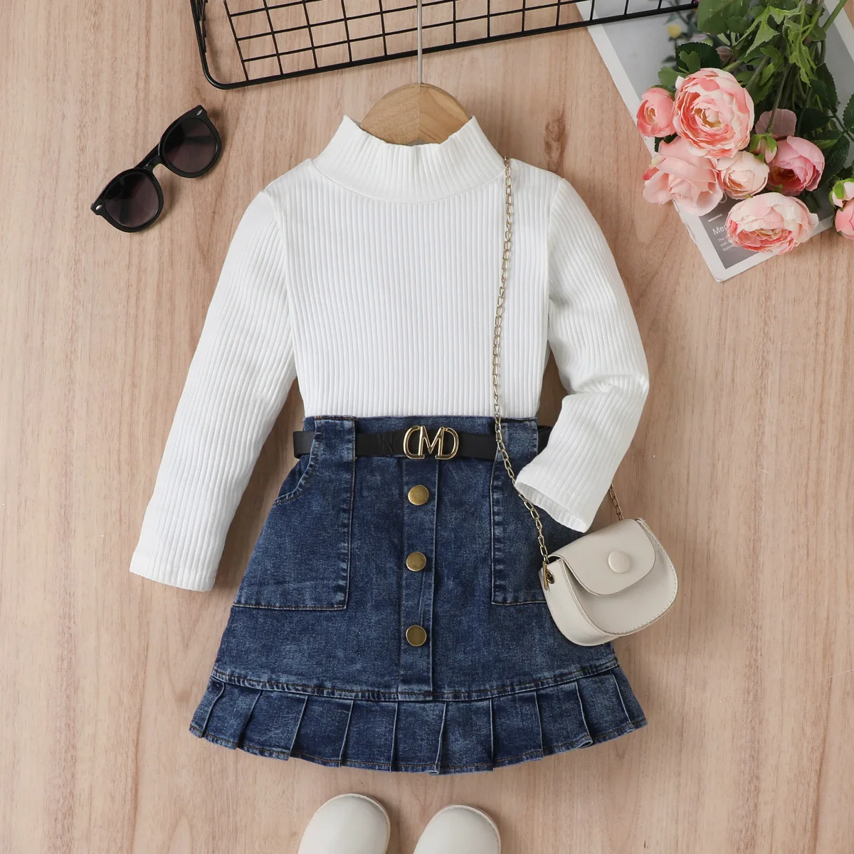 Boutique kids fall clothing 2023 autumn candy color long sleeve shirt tops match denim pleated skirt girls two piece set