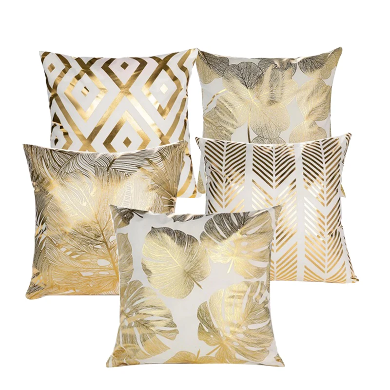 Latest Geometric Gold Stamping Soft Pillow Cover Gold Leaves Pattern Shiny Pillowcase Custom Sofa Throw Home Decor Cushion Cover