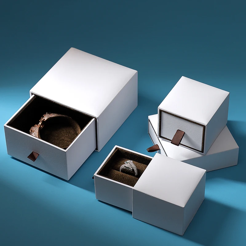 New blue leatherette luxury paper jewelry box paper packaging for bangle pendant earring ring jewelry set box with velvet