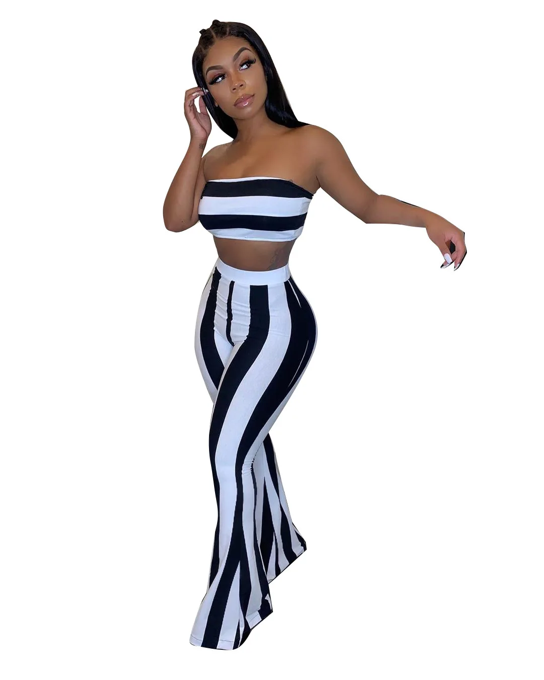 Summer New Style Women Suit Wrapped Chest Flared Pants Striped Two-piece Suit Women