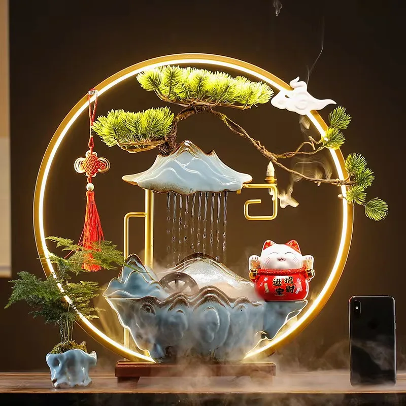 Tabletop Water Fountain, Indoor Waterfall with Round LED Light Ceramic Crane Mist Maker and Incense Holder for Home Office Decor