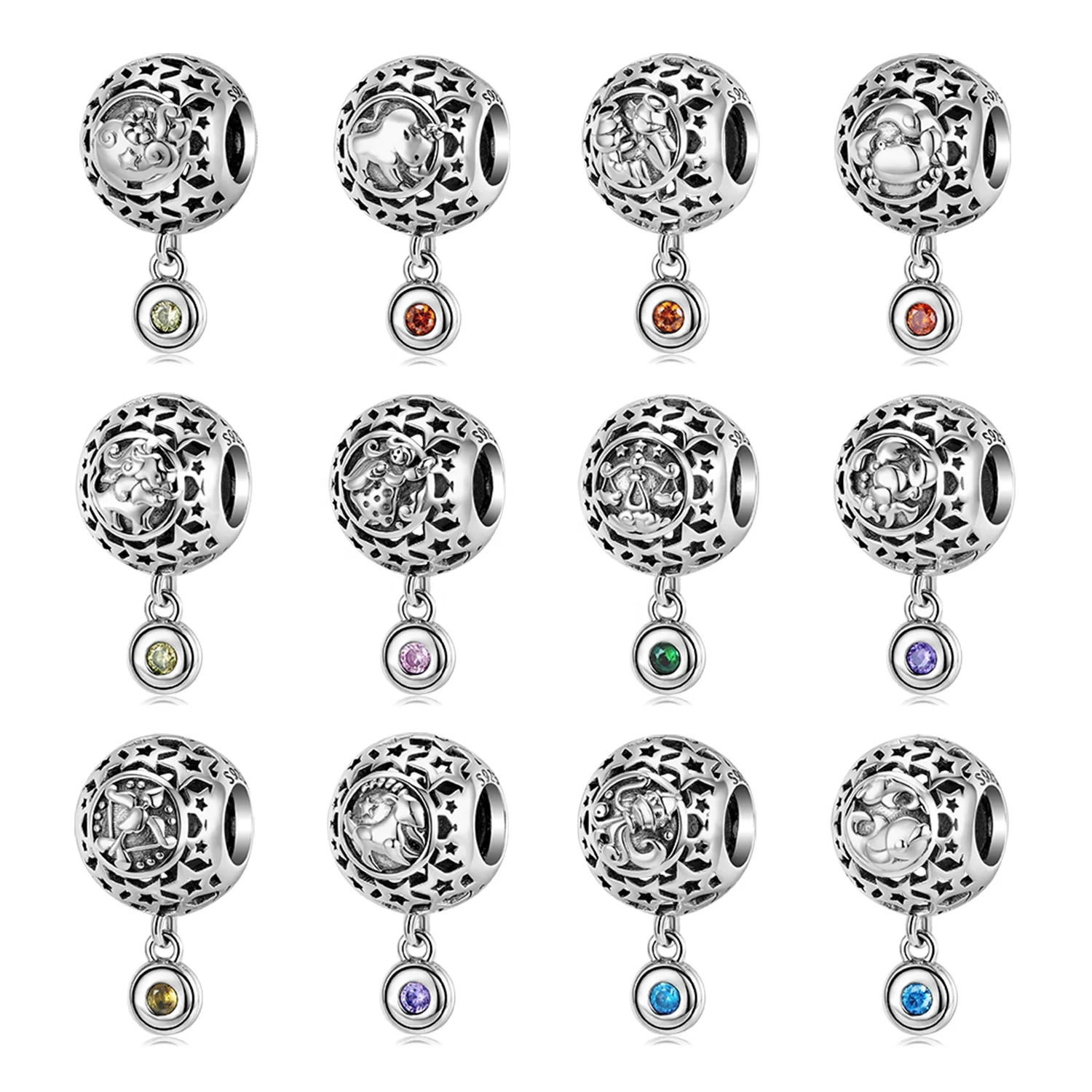 New Vintage 925 Sterling Silver Wisdom Aquarius Star Sign Zodiac Beads Charms fit  Women jewelry Bracelets DIY Twelve stars