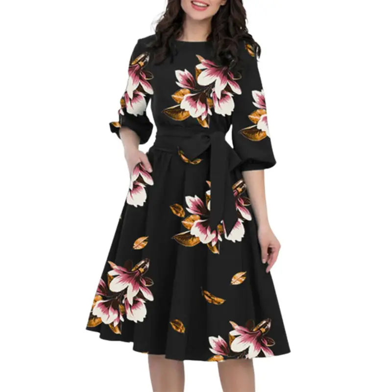 Floral Print Vintage Dress Women Spring Style Half Sleeve Big Swing Party Dresses women ladies elegant Casual Dress