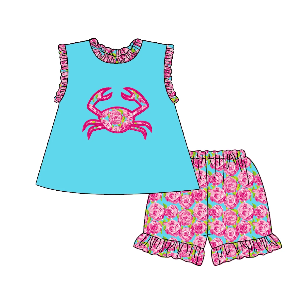 New product summer crab applique and printed shorts boutique baby girl clothing sets