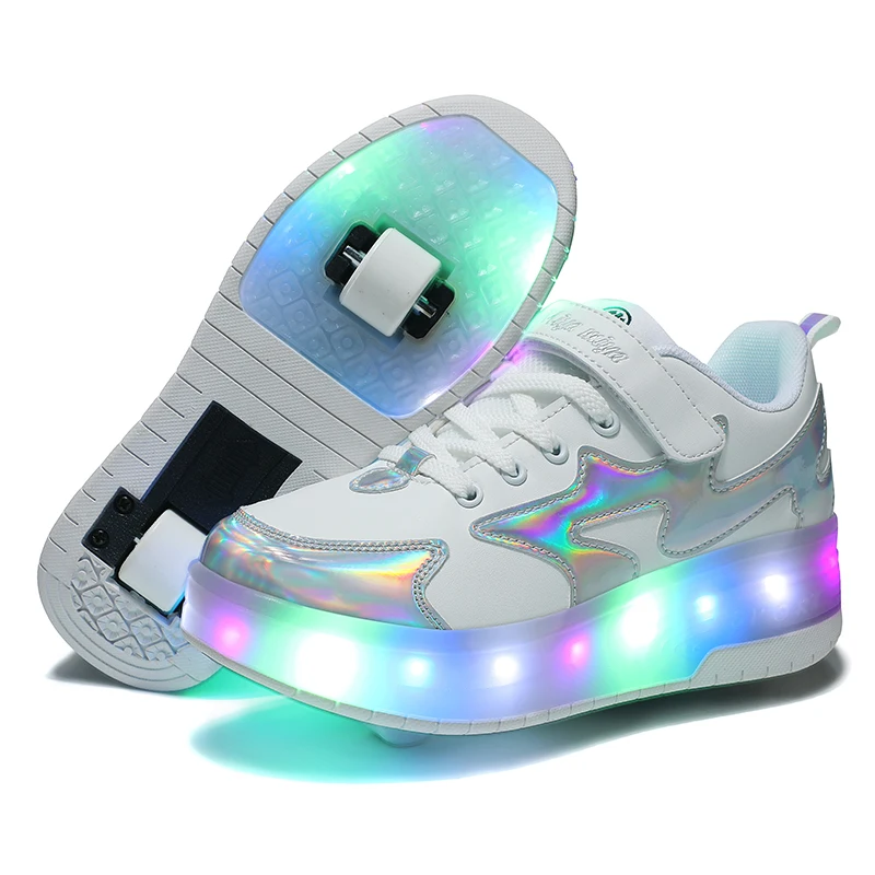 Hot Sale for Schools Girls Boys Roller Shoes Double wheels LED Light USB charging Roller Skating Shoes