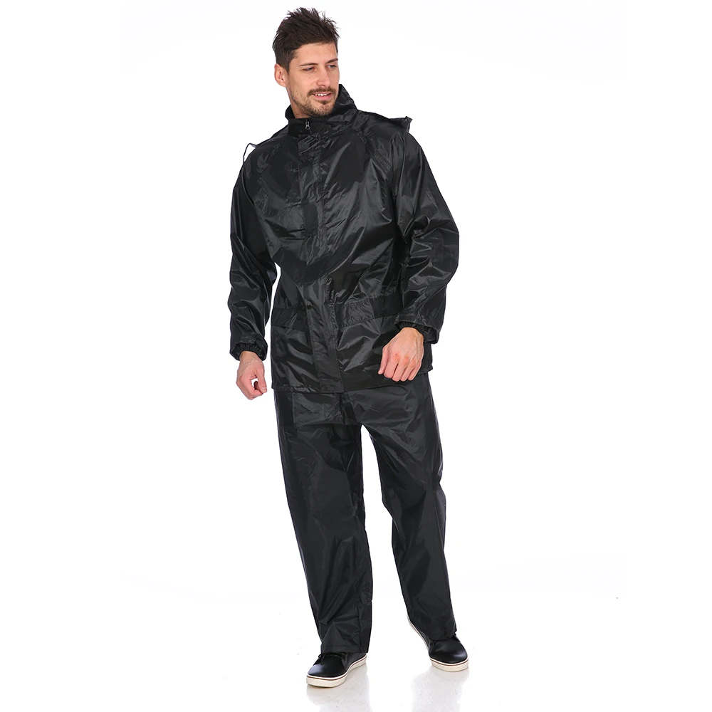 High Quality Raincoat Black Color 170t Polyester Mens Reflective Double Layer Rainsuit With Mesh Lining