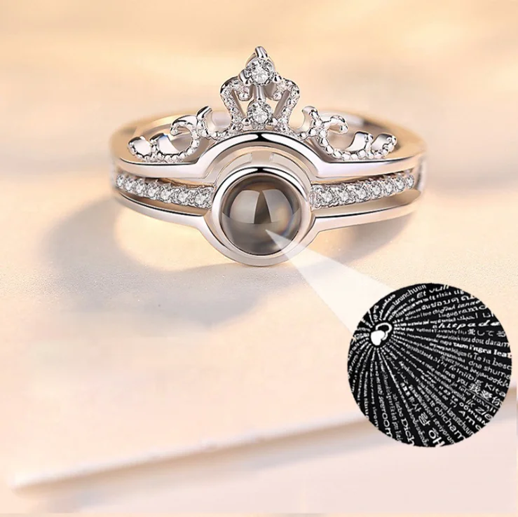 Isunni Hot Sale Crown Projection Ring S925 Sterling Silver 100 Languages I Love You Two in One Combination Ring