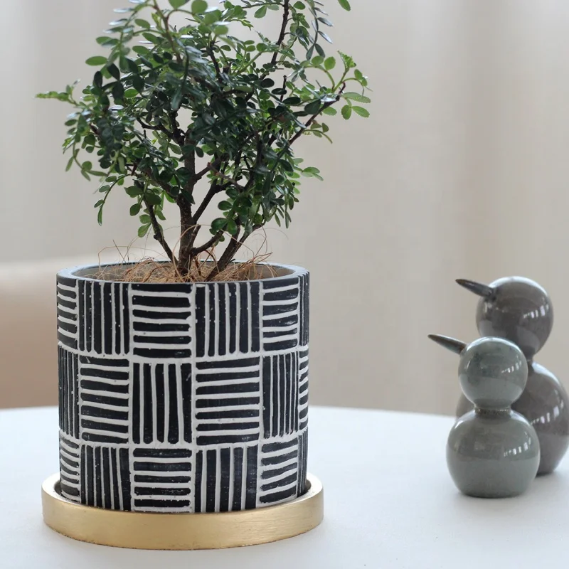 Antique design cement flower pot vintage style flower pot with tray painted golden saucer for living room