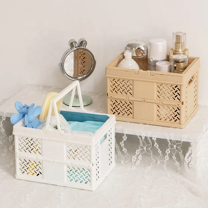 Foldable Plastic Shopping Storage Bin Crates Box Collapsible Container Beach Camping Outdoor Basket Picnic Basket with Handle