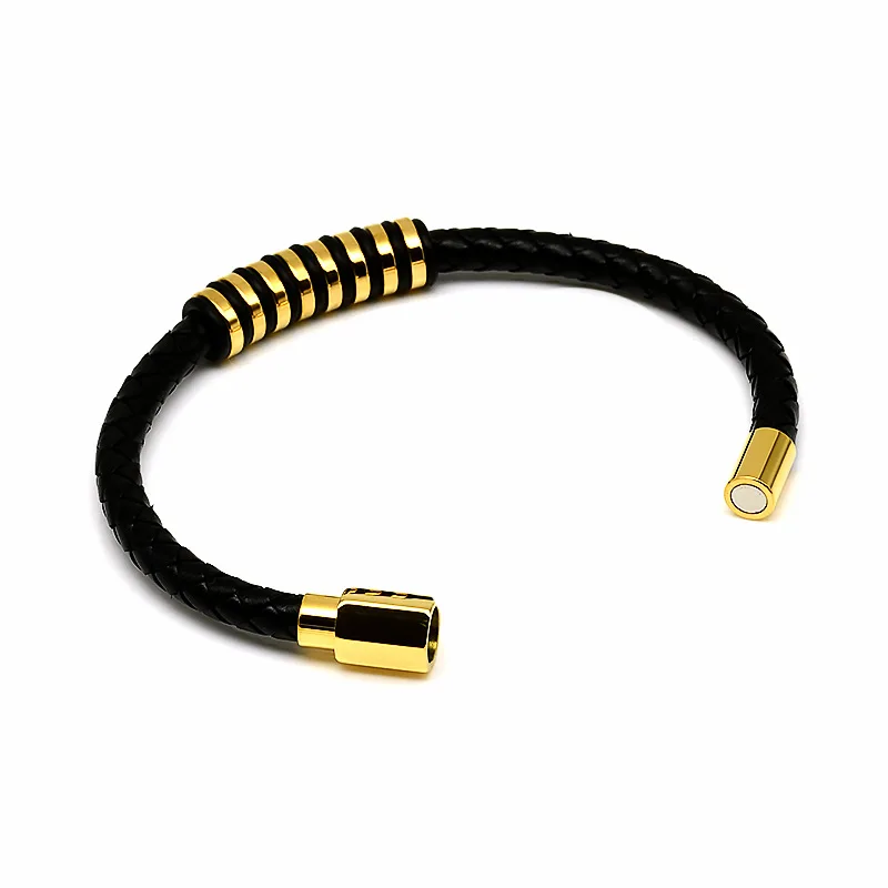 Trendy Gold Titanium Steel Bracelet Braided Leather Rope Bracelet Personality Stainless Steel Bangles Bracelet