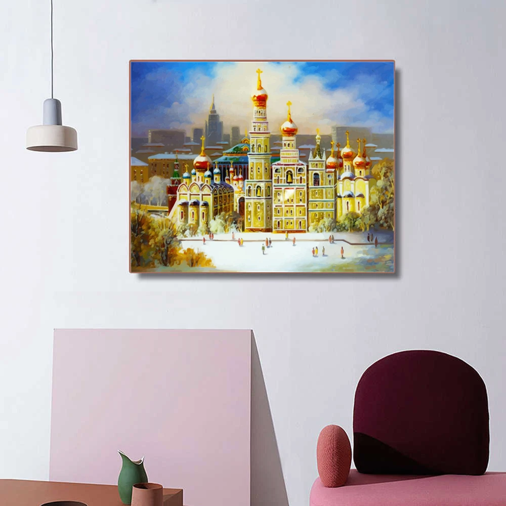 HUACAN Diy Oil Painting By Numbers Church Ready Frame Winter Canvas Drawing Paint By Numbers Scenery For Adults Kids Gift