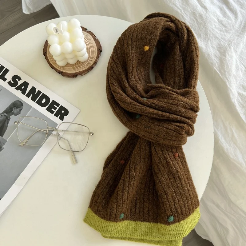 Autumn And Winter Woman Cute Colorful Dotted Plain Knitted Scarves Cashmere Snood Scarf