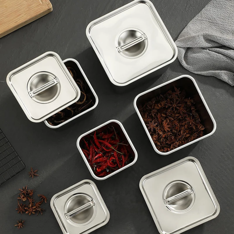 Stock Available Stainless Steel Food Spice Storage Jar Commercial Square Seasoning Box With Lid