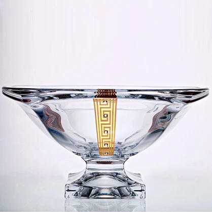 popular design decorated crystal glass fruit bowl, bohemia crystal bowl, glass tableware with color and gold