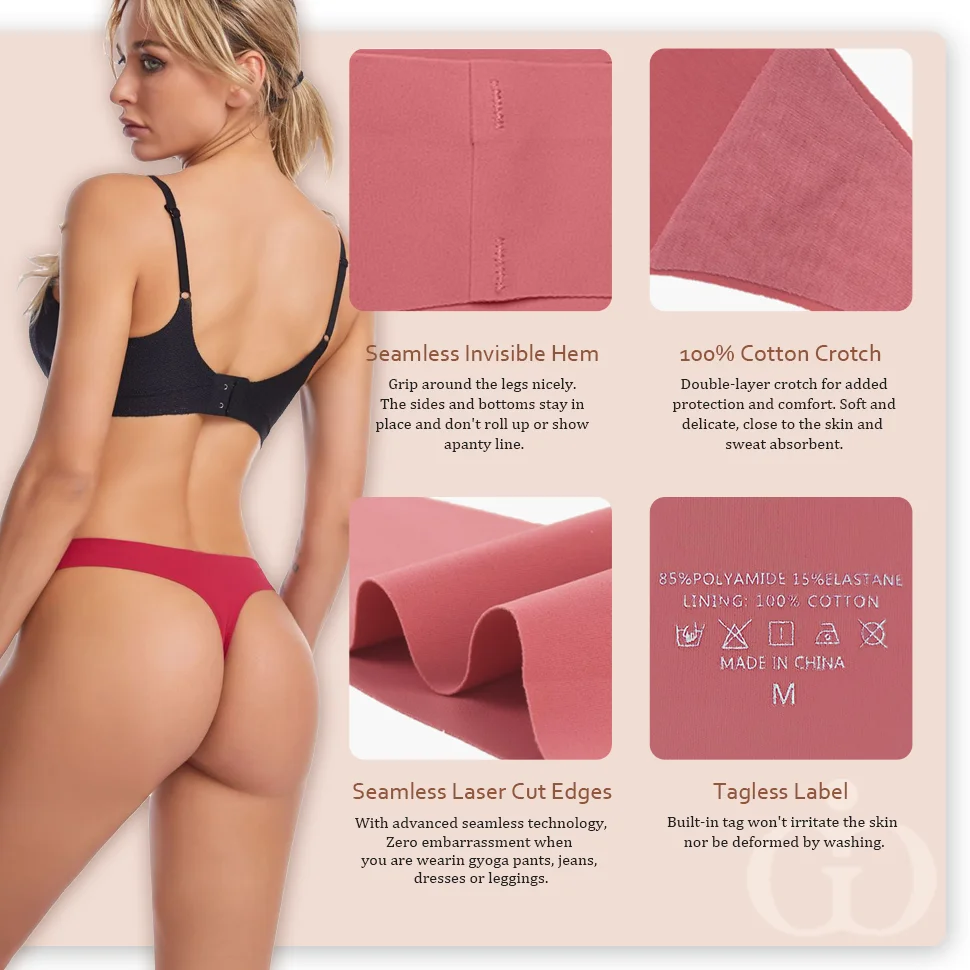 Custom Logo Seamless Panties Low Rise Ice Silk Traceless No Show Sexy Underwear Bonded Thongs Tangas Women Seamless Panties
